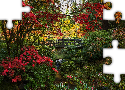 Ogród japoński, Drzewa, Krzewy, Mostek, Jesień, Portland Japanese Garden, Portland, Oregon, Stany Zjednoczone