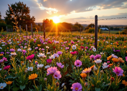 Łąka, Kolorowe, Kwiaty, Zachód słońca, Ogrodzenie