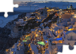 Domy, Światła, Wieczór, Oia, Santorini, Grecja