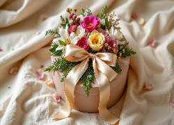 Okrągłe, Pudełko, Prezent, Kwiaty, Kokarda, Tkanina