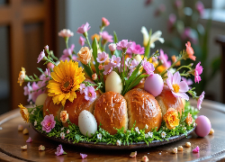 Chleb, Kolorowe, Kwiaty, Pisanki, Talerz, Stół, Wielkanoc