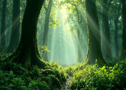 Las, Przebijające światło, Ścieżka, Omszałe, Korzenie, Drzewa