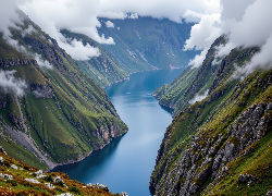 Góry, Opadające, Chmury, Fiord, AI