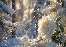 Biała, Róża, Śnieg, Gałązki, Zima, Grafika AI