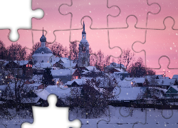 Domy, Cerkiew, Drzewa, Padający, Śnieg, Zima, Kostroma, Rosja