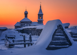 Zima, Cerkiew, Zabudowania, Ogrodzenie, Śnieg