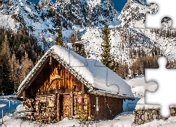 Zima, Śnieg, Chata, Drzewa, Świerki, Góry, Alpy, Ramsau am Dachstein, Austria