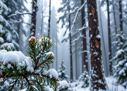 Gałązka, Sosna, Śnieg, Las, Zima, Grafika AI
