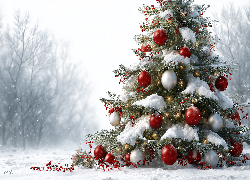 Boże Narodzenie, Choinka, Bombki, Śnieg, Zima, Grafika AI