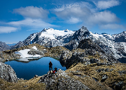 Góry, Alpy Południowe, Niebo, Jezioro, Lake Agnes, Chmury, Wyspa Południowa, Nowa Zelandia