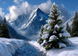 Zima, Rzeka, Drzewa, Góry, Grafika AI