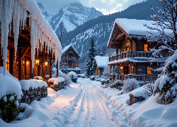 Góry, Domy, Zima, Śnieg, Sople, Droga