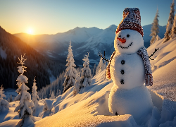 Zima, Góry, Słońce, Ośnieżone, Drzewa, Bałwan, Czapka, Szal, Al