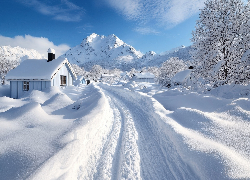 Zima, Ośnieżone, Domy, Drzewa, Zaśnieżona, Droga, Góry
