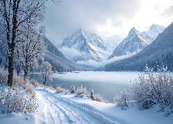 Zima, Góry, Ośnieżone, Jezioro, Drzewa, Droga, AI