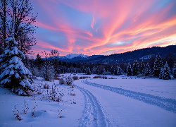 Zima, Drzewa, Ośnieżona, Łąka, Góry, Zachód słońca, Grafika AI