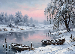 Zima, Dwie, Łódki, Rzeka, Drzewa, Grafika AI