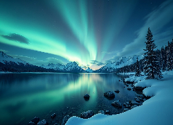 Zorza polarna, Śnieg, Góry, Jezioro