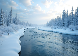 Zima, Rzeka, Ośnieżone, Drzewa, Krzewy, Śnieg