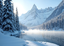 Zima, Góry, Rzeka, Mgła, Drzewa