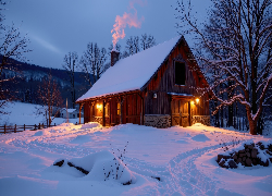 Zima, Śnieg, Dom, Oświetlenie, Komin, Dym, Drzewa, Ogrodzenie