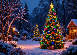 Boże Narodzenie, Ogród, Choinki, Zima, Drzewa, Ośnieżone, Domek, AI