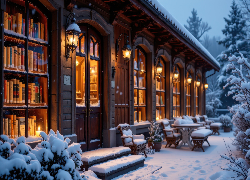 Zima, Ośnieżone, Drzewa, Dom, Biblioteka, Półki, Książki, Krzesła, Śnieg, AI