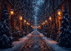 Zima, Domy, Ulica, Drzewa, Latarnie