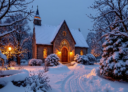 Zima, Kościół, Ośnieżone, Drzewa, Droga