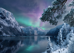 Zima, Jezioro, Drzewa, Góry, Zorza polarna, Grafika AI