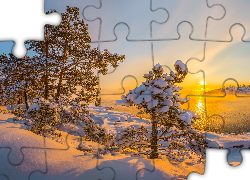 Zima, Jezioro Ładoga, Ośnieżone, Drzewa, Mgła, Wschód słońca, Republika Karelii, Rosja