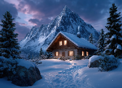 Zima, Oświetlony, Dom, Góry, Wieczór, Grafika AI