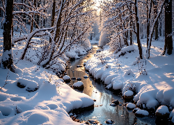 Zima, Las, Rzeka, Ośnieżone, Drzewa, Gałęzie