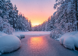 Zima, Rzeka, Drzewa, Zaspy, Drzewa, Wschód słońca