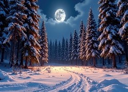 Zima, Noc, Księżyc, Ośnieżone, Drzewa, Zaśnieżona, Droga