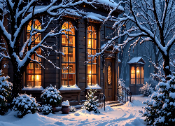 Dom, Biblioteka, Światło, Zima, Drzewa, Grafika AI