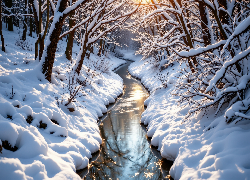 Zima, Las, Rzeka, Śnieg, Drzewa