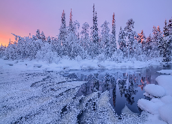 Zima, Rzeka, Oblodzona, Drzewa, Ośnieżone, Zaspy
