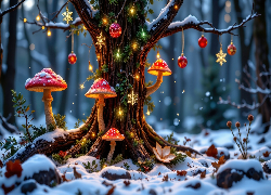 Grafika, Drzewo, Bombki, Śnieg, Grzyby, Muchomory, Boże Narodzenie