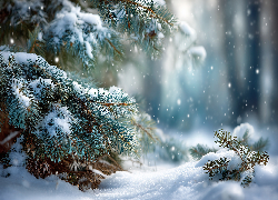 Świerk, Śnieg, Zima, Grafika AI