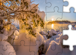 Zima, Jezioro Ładoga, Ośnieżone, Drzewa, Sople, Wschód słońca, Republika Karelii, Rosja
