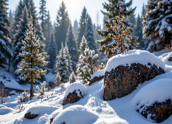Zima, Śnieg, Ośnieżone, Kamienie, Głazy, Drzewa, Iglaste