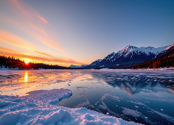 Zima, Zachód słońca, Jezioro, Góry, Śnieg, Drzewa