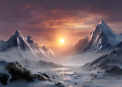 Zima, Góry, Mgła, Zachód słońca, Grafika AI