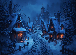 Zima, Domy, Droga, Noc, AI