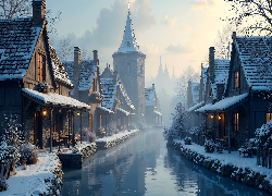 Kanał, Domy, Zima, Mgła, Grafika AI