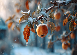 Jabłko, Gałązka, Śnieg, Grafika AI