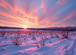 Zima, Zachód słońca, Kolorowe, Niebo, Ośnieżone, Pola