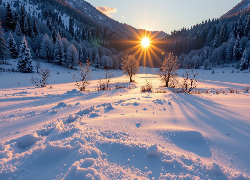 Zima, Pole, Drzewa, Las, Góry, Wschód słońca, Poranek, Grafika AI