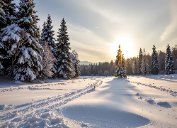 Zima, Świerki, Drzewa, Ośnieżone, Pole, Grafika AI
